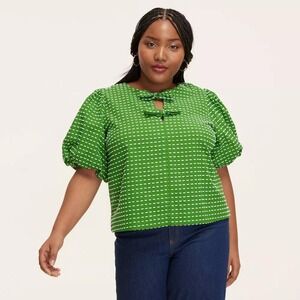 New Kate Spade Target Medium Textured Polka Dot Puff Short Sleeve Blouse Green M